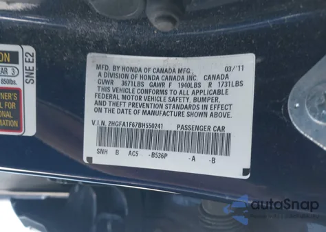 2011 Honda Civic Lx-S z USA, uszkodzony, nr VIN 2HGFA1F67BH550241